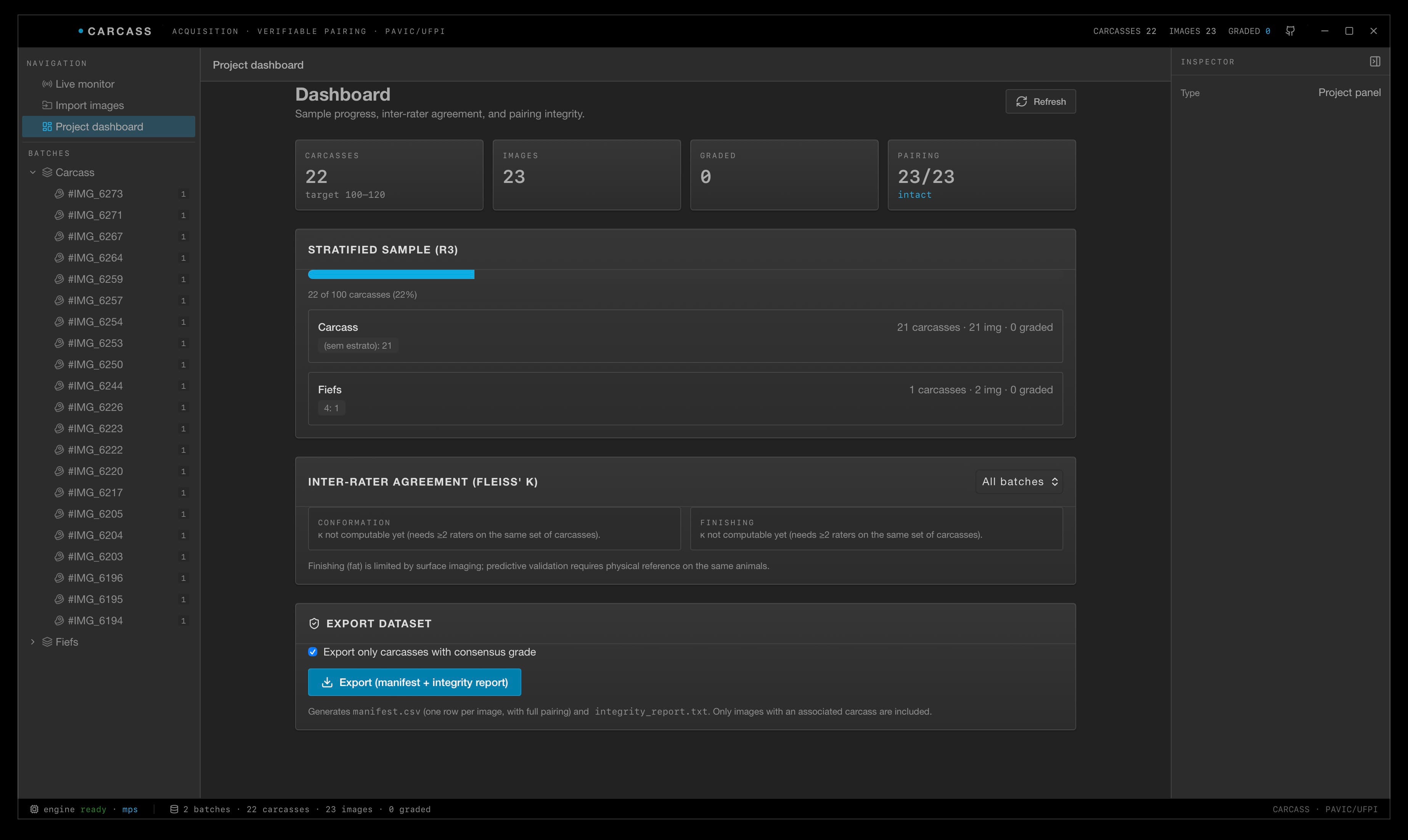 Dashboard de progresso da amostra e painel de κ.