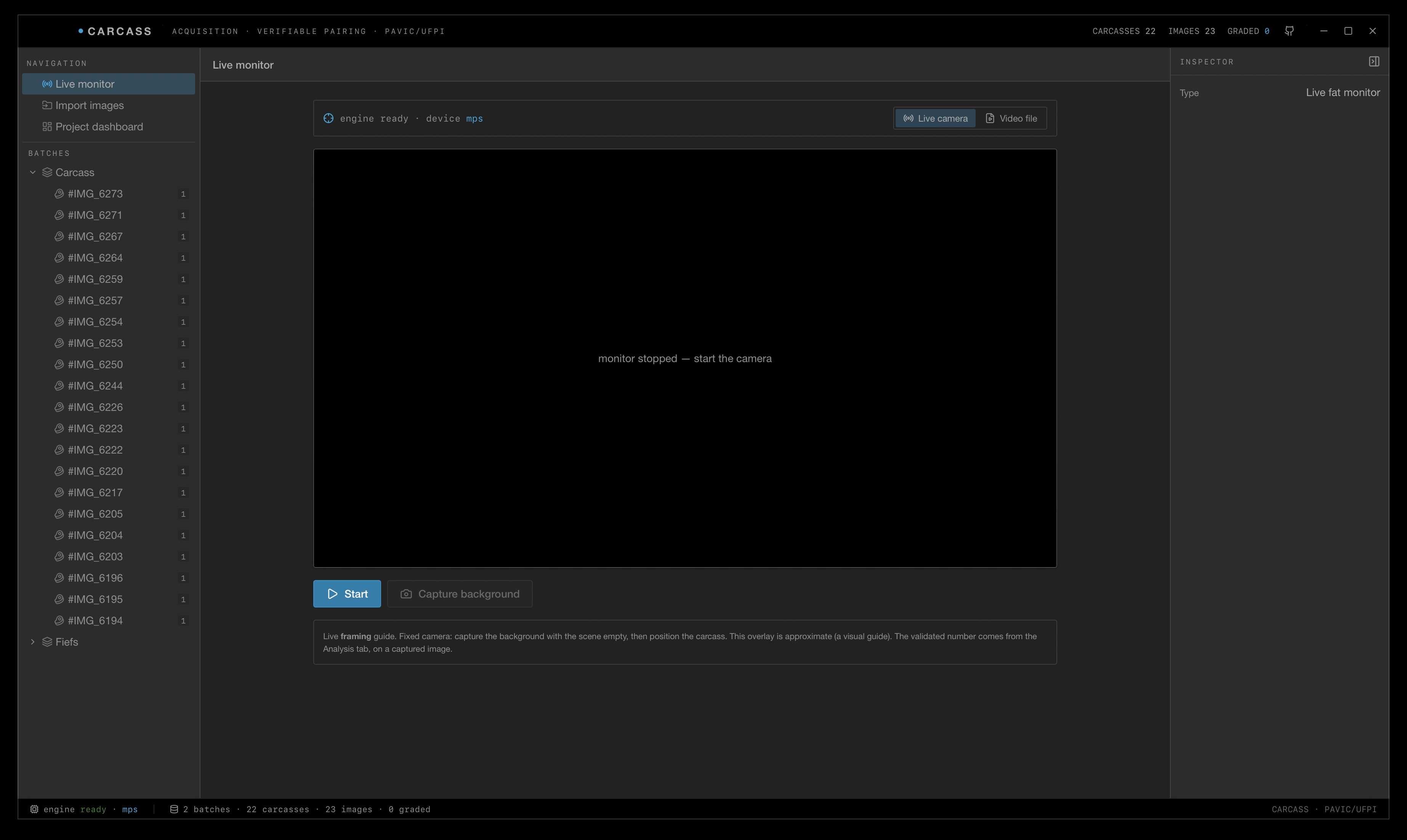 Live monitor: overlay de gordura em tempo quase real.
