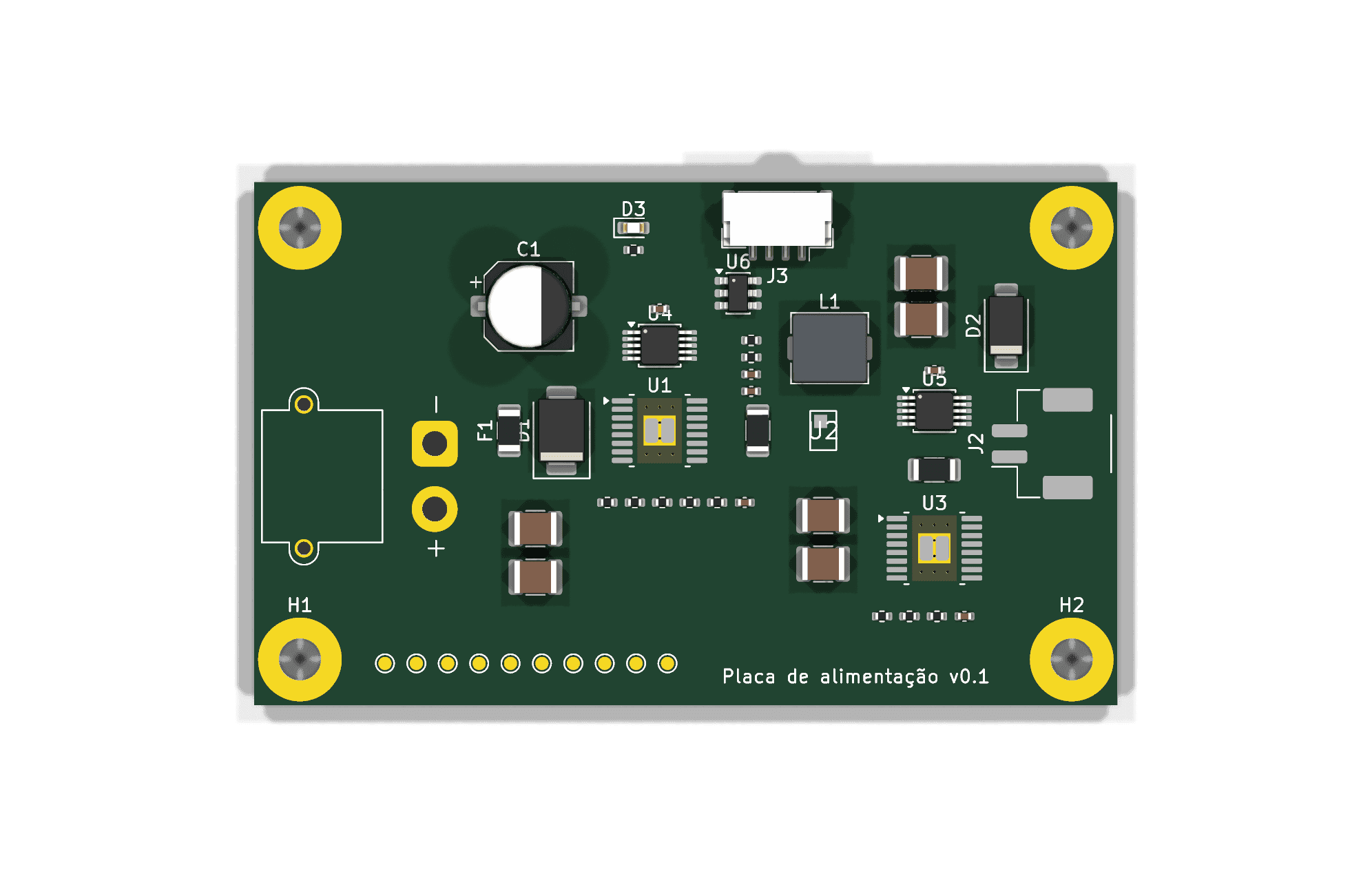 Posicionamento preliminar da placa de alimentação v0.1, com dimensões de 66 × 40 mm e 50 componentes. O modelo inclui conversão da bateria para 5 V, proteção de entrada e saída e medição de tensão e corrente. O render não representa hardware ensaiado. O footprint final do LMR36015 permanece pendente; a representação desse componente usa apenas o corpo.