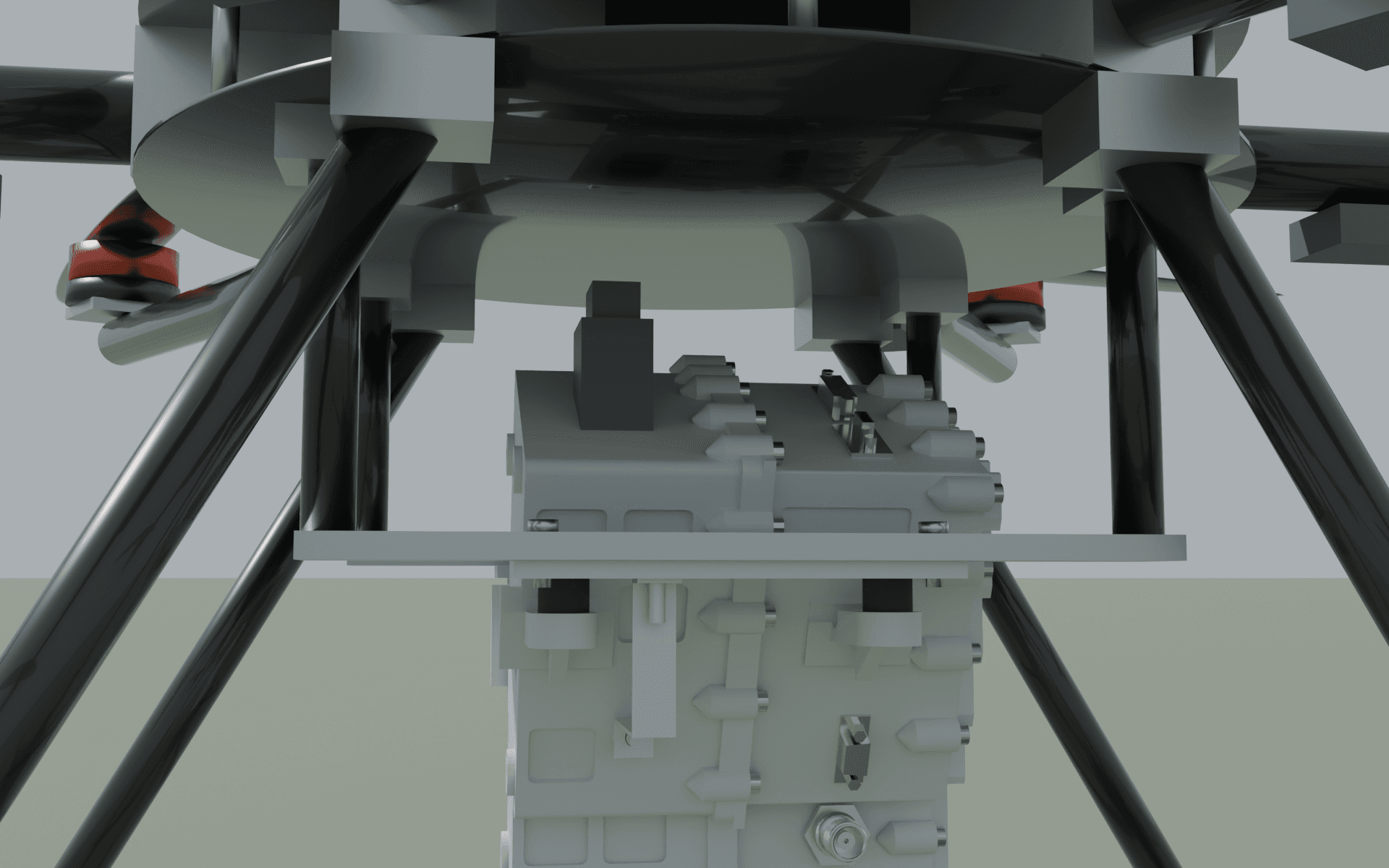 Figura 2. Detalhe renderizado do berço sob a placa central. As colunas conectam a aeronave às travessas dos trilhos, e o isolamento permanece na interface da carcaça.