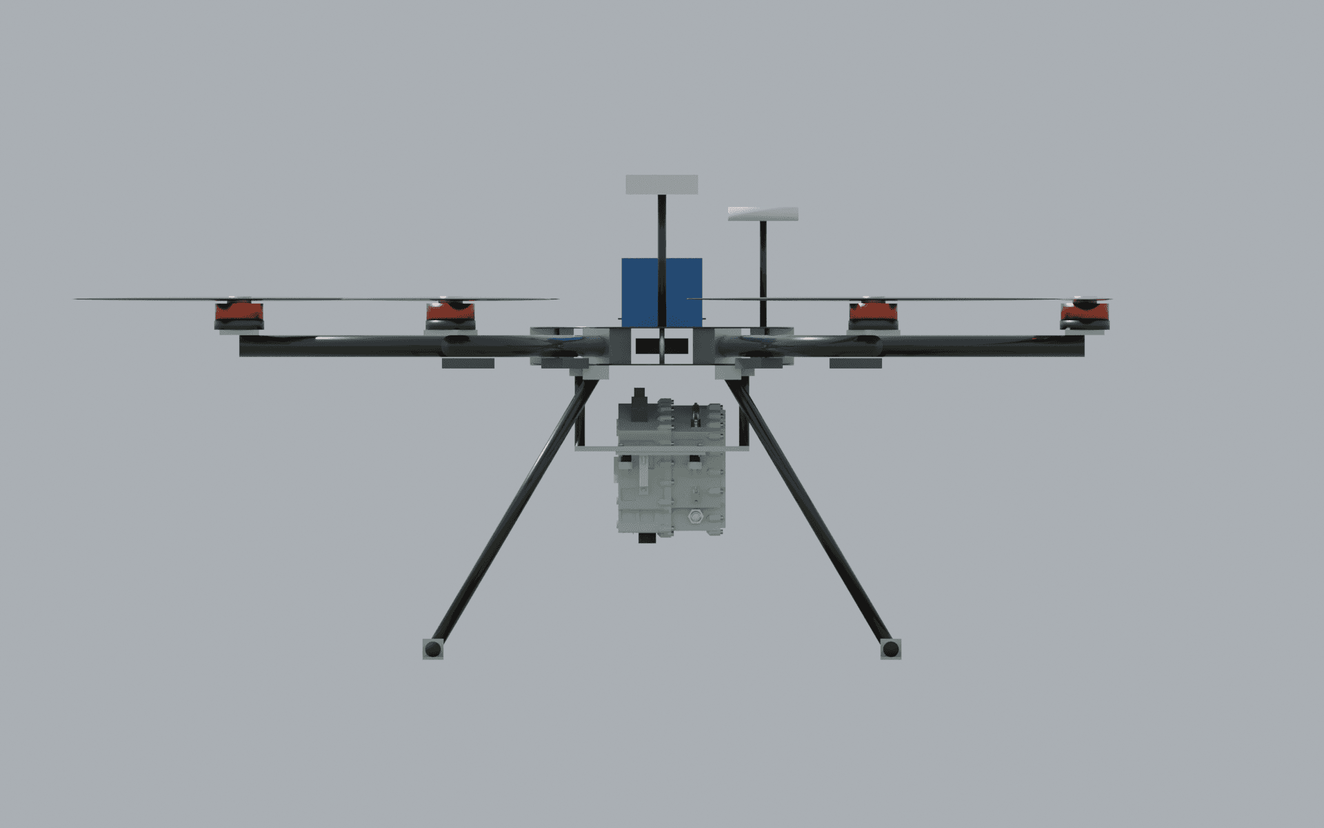 Figura 4. Vista frontal renderizada da carcaça entre as pernas do trem de pouso. A análise geométrica calculou 128 mm de altura livre sob a objetiva.