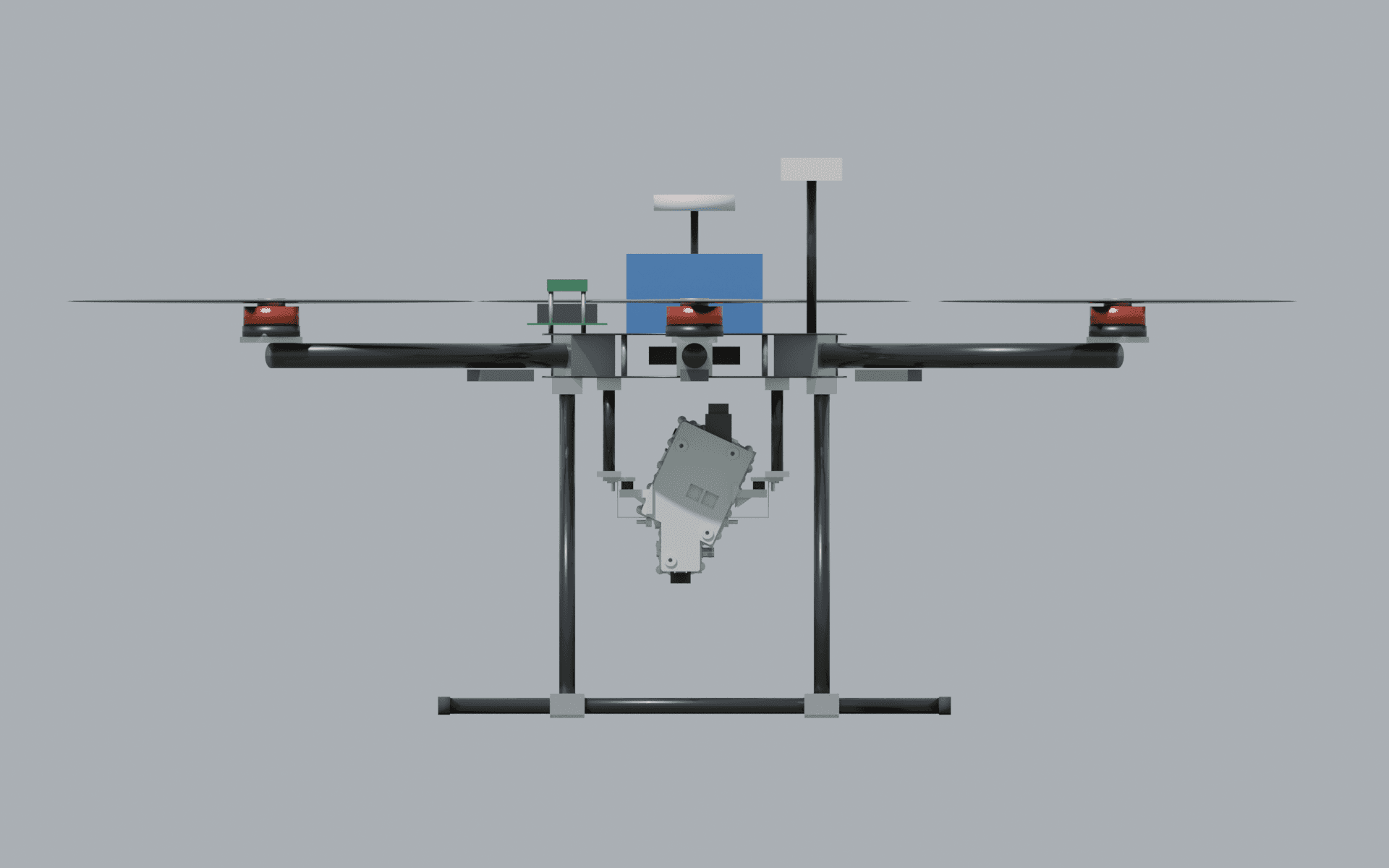 Figura 5. Vista lateral renderizada da montagem, com a objetiva voltada para o solo. O leque transversal foi avaliado separadamente da geometria visível nessa projeção.