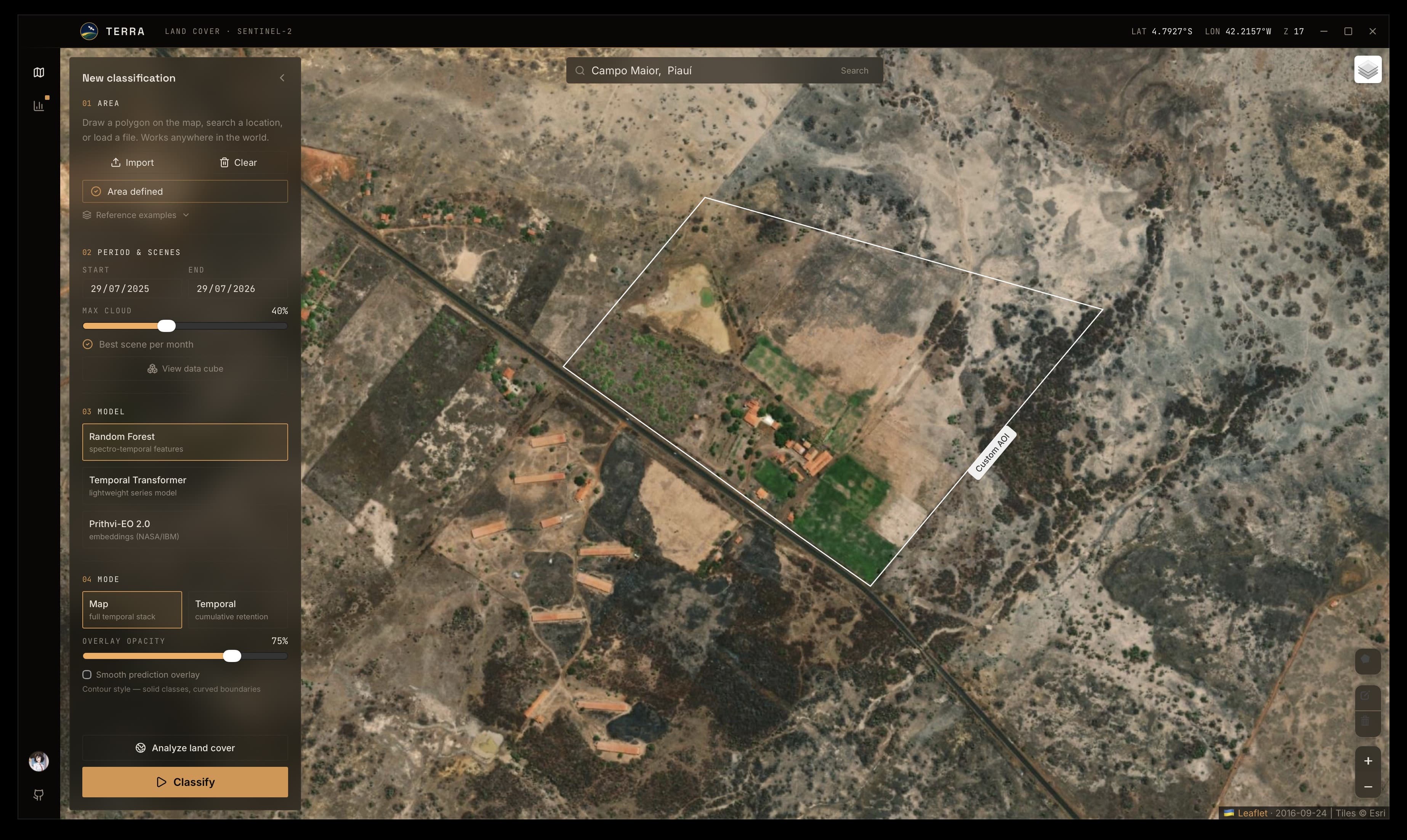 TERRA map workspace with a custom AOI on the interactive map