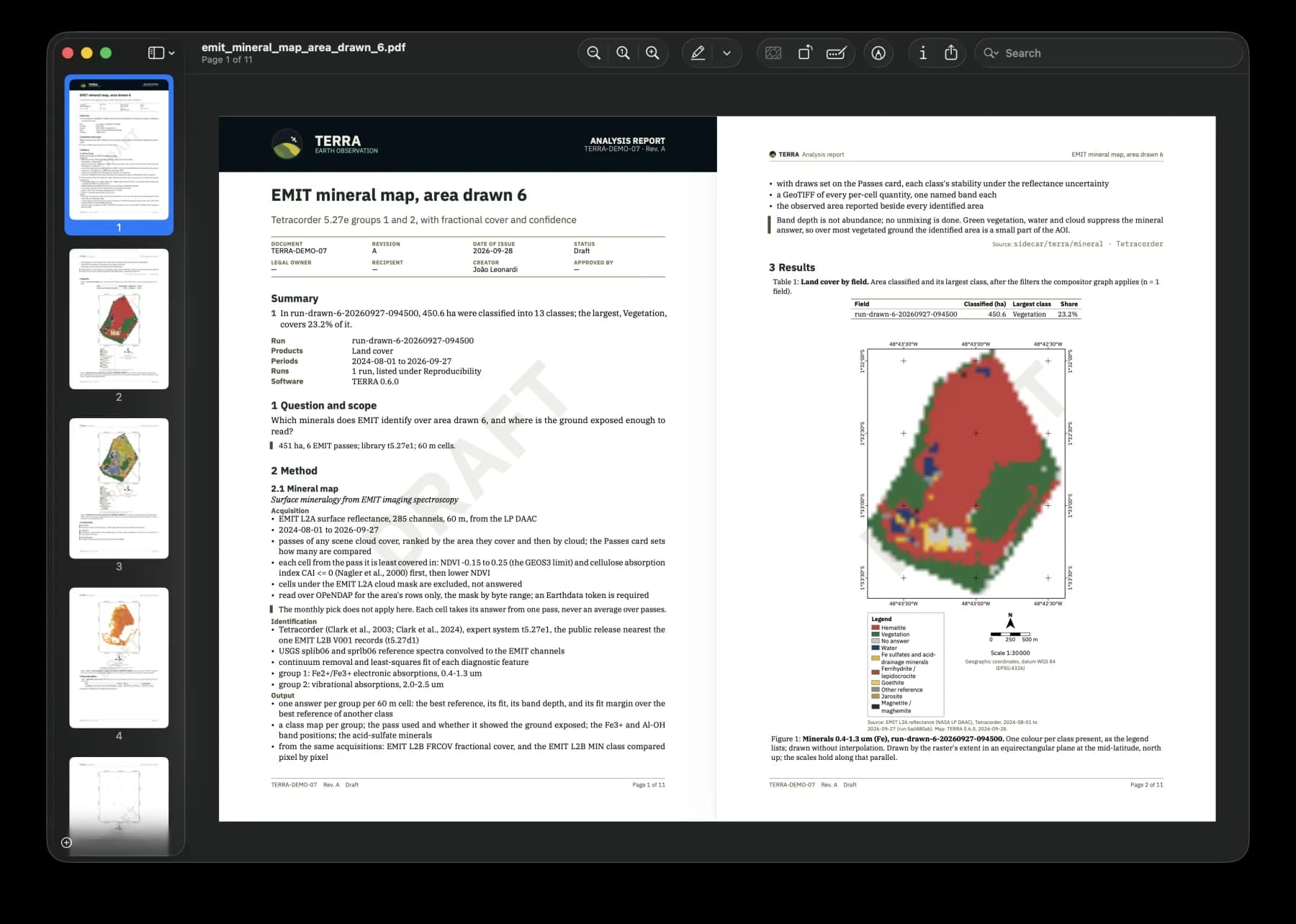 TERRA Earth Observation: Mineral-map report pages with identification, summary, method, graticule, scale bar and legend.