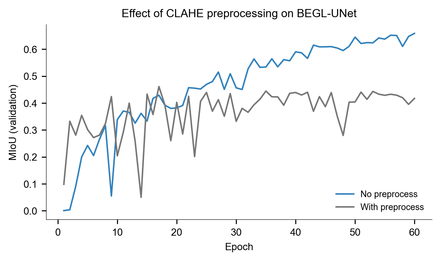 MIoU de validação com e sem pré-processamento CLAHE no BEGL-UNet baseline (treino completo, 60 épocas).