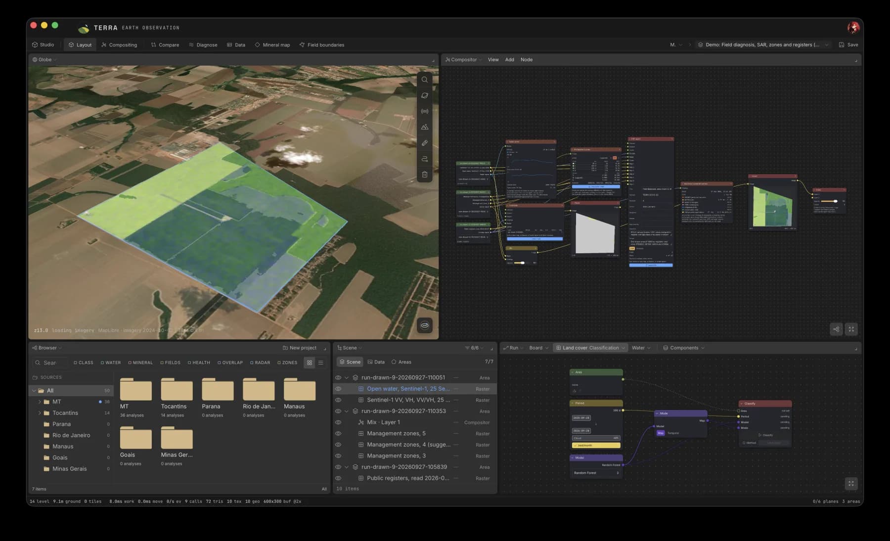TERRA Studio with field observations over a 3D globe and a node compositor connecting radar, management zones and public registers to a report.